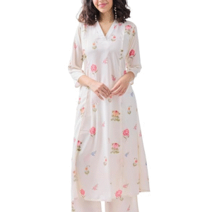 Floral Printed White Flared Suit Set