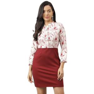 Women Maroon Poet Sleeve With Collar Neck Sheath Dress