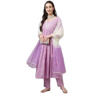 Lavender Pure Cotton Flared Kurta Set With Dupatta