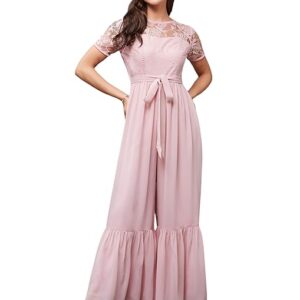 Round Neck Short Sleeve Solid Lace Overlaid Regular Jumpsuit with Pockets