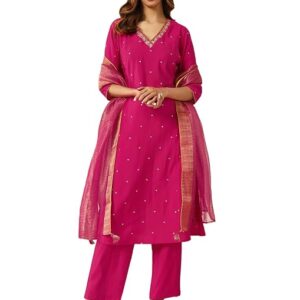 Women's Pink Chanderi A-line Kurta with Pant and Dupatta