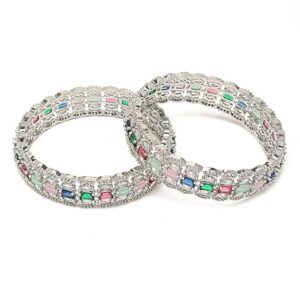 Stylish Silver Plated Multi-Color Stone Studded Bangles