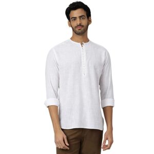 Arc Full Sleeve Loop Detail White Casual Kurta for Festivals | 100% Cotton, Round Collar, Regular Fit Shirt