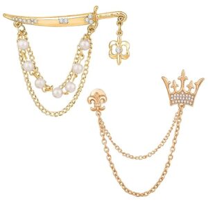 Combo of Crown and Sword Shaped Layered Chain Wedding Brooch with White Crystals, Artificial Pearls
