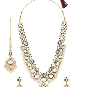 Pink Green Beads Dazzling Stones Meenakari Bridal Long Necklace Earring & Maangtikka Set