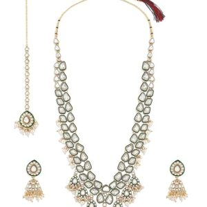 Green Meenakari Kundan Bridal Long Dazzling Necklace Earring Maangtikka Set