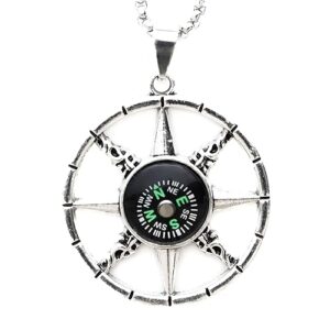 DIRECTIONAL STAR - Alloy Compass Pendant with Stainless Steel 24inch Round Box Chain, European trending Style