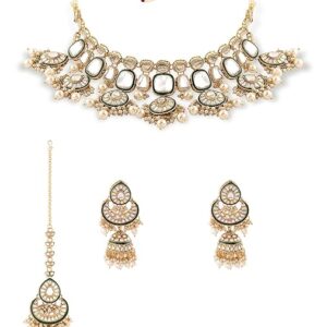 Gold Tone & Green Enamel Kundan Artificial Stones & Pearls Drop Bridal Necklace Earring & Maangtikka