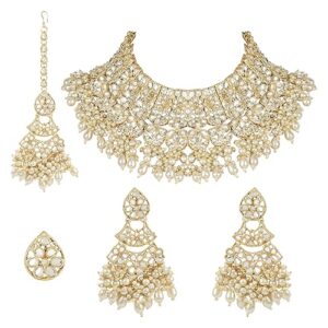 Traditional Pearl Kundan Studded Floral Bridal Choker Necklace With Earring Maang Tikka & Finger Ring
