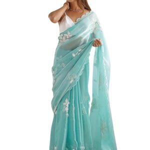 Women's Shimmer Organza Sequence Embroidery Saree With Unstitched Blouse Piece