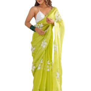 AKHILAM Women's Shimmer Organza Sequence Embroidery Saree With Unstitched Blouse Piece