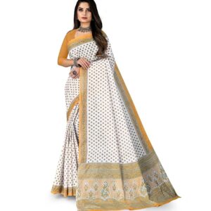Pure Cotton Printed Mul Mul Saree for Women with Blouse Piece (White)