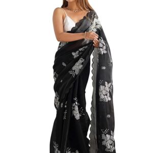 Women's Shimmer Organza Sequence Embroidery Saree With Unstitched Blouse Piece