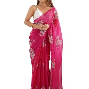 Women's Shimmer Organza Sequence Embroidery Saree With Unstitched Blouse Piece