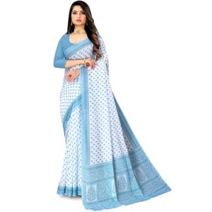 Pure Cotton Printed Mul Mul Saree for Women with Blouse Piece (White)