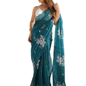 Women's Shimmer Organza Sequence Embroidery Saree With Unstitched Blouse Piece