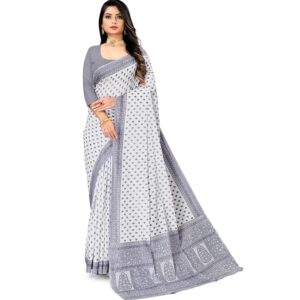Pure Cotton Printed Mul Mul Saree for Women with Blouse Piece (White)
