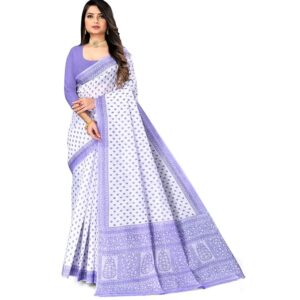 Pure Cotton Printed Mul Mul Saree for Women with Blouse Piece (White)