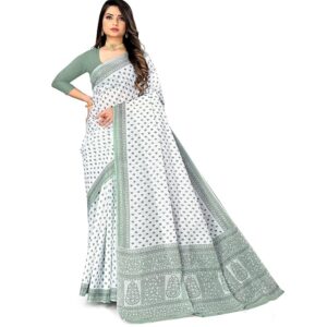 Pure Cotton Printed Mul Mul Saree for Women with Blouse Piece (White)