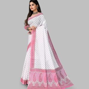 Pure Cotton Printed Mul Mul Saree for Women with Blouse Piece (White)